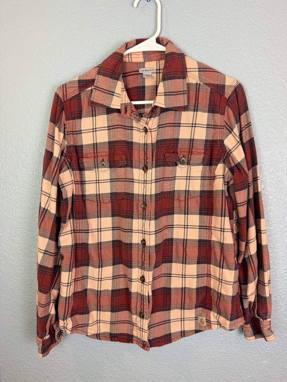 Carhartt Shirt Youth Large 12/14 Red Plaid Flannel Button Up Stretch Pockets